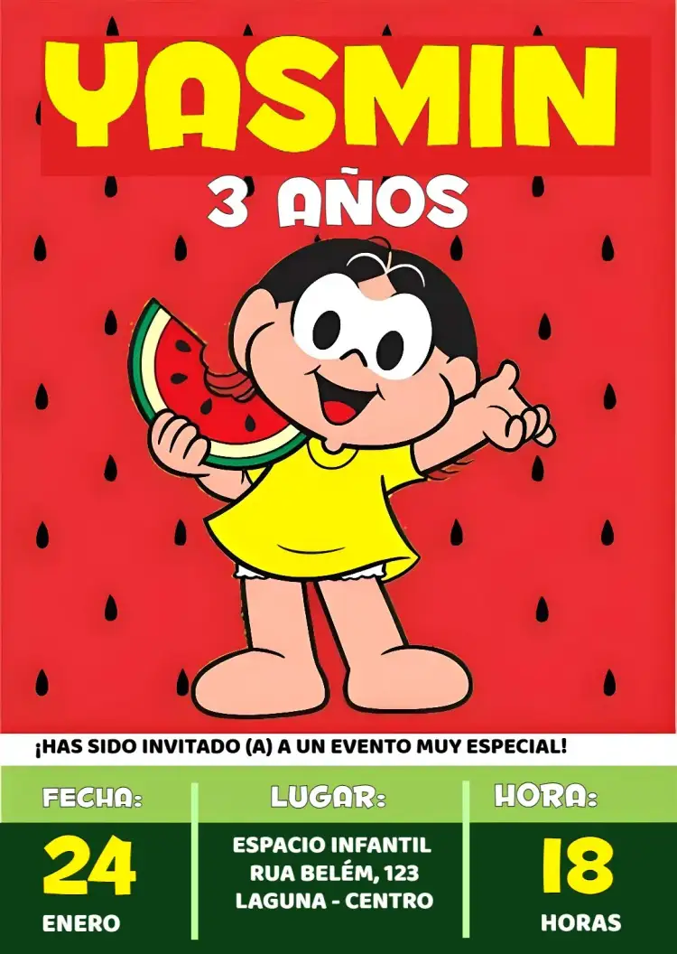 Invitación Magali Turma Da Mônica Sandía Amarillo – tema Cumpleaños Infantil colorido, divertido, lúdico, infantil, temático