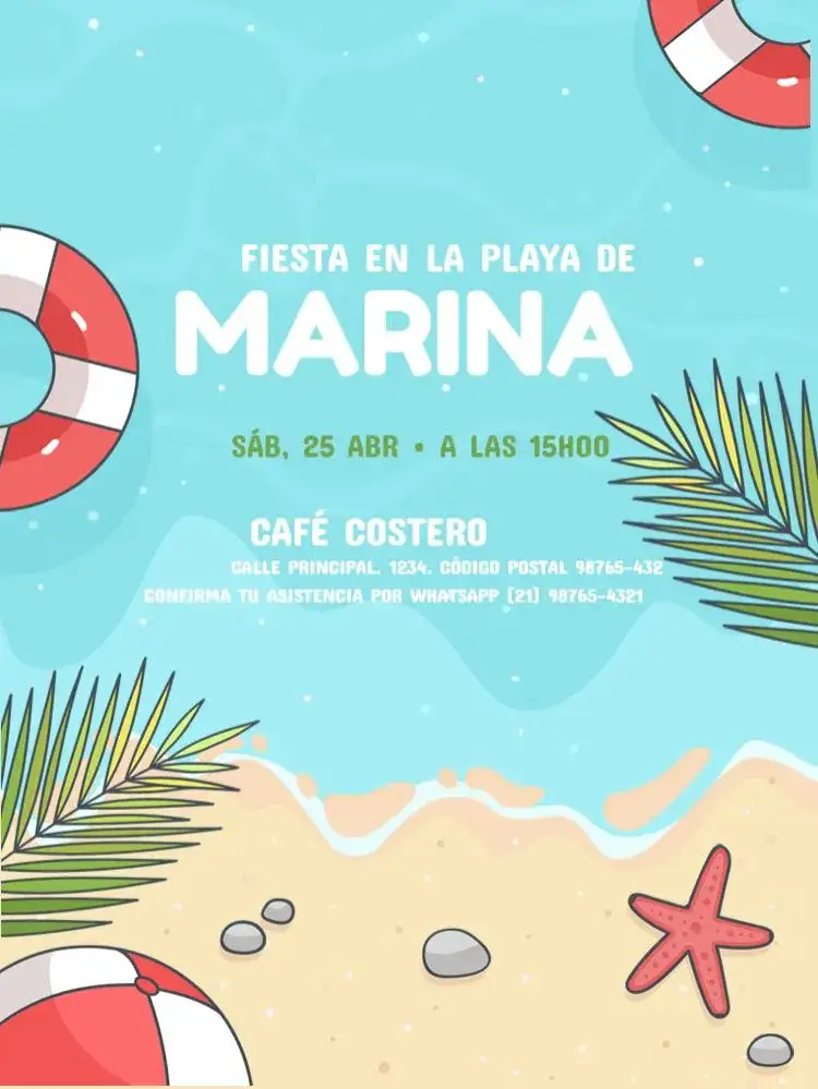 Invitación Playa Tropical Infantil – tema Cumpleaños Infantil tropical, colorido, marino, playa, divertido, infantil