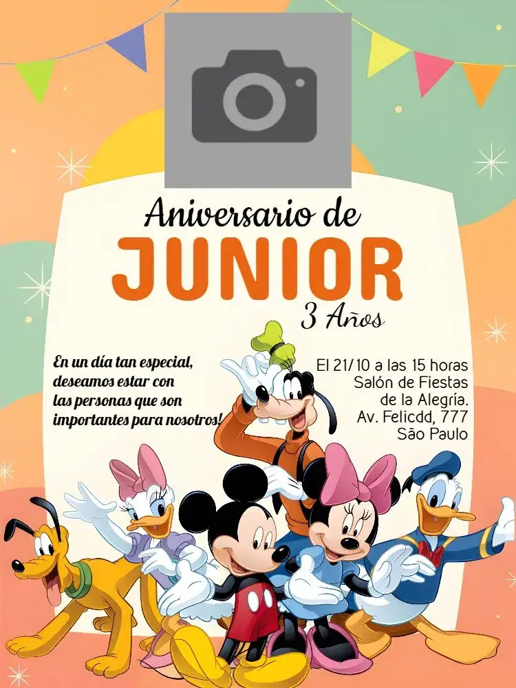 Invitación Grupo De Mickey Mouse Con Foto De Margarita – tema Cumpleaños Infantil colores vibrantes, estilo divertido, elementos de Disney, diseño alegre, temática infantil, toques de magia