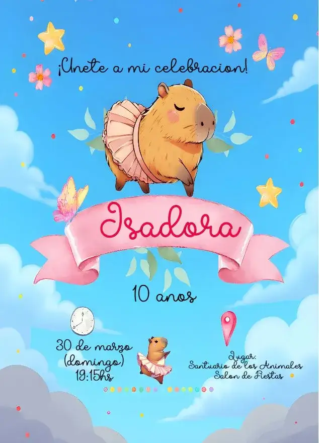 Invitación Capibara Menina – tema Cumpleaños Infantil acuarela, delicado, colores suaves, animal lindo, rosa, infantil