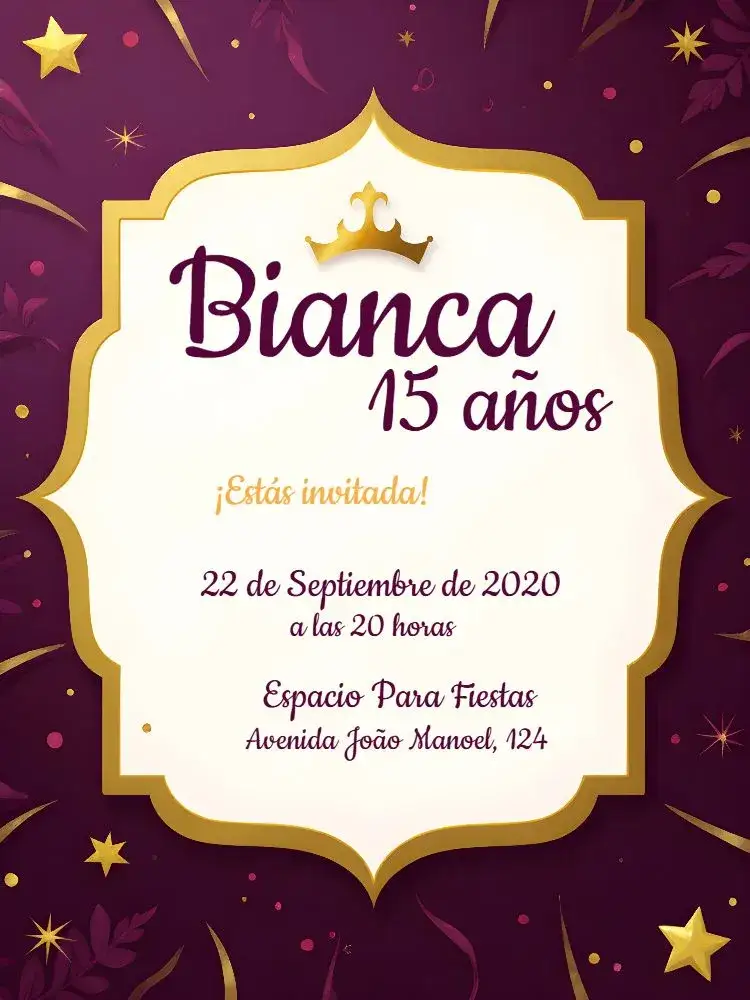 Invitación 15 Años Corona Princesa - Morado y Dorado – tema 15 años morado, dorado, realeza, elegante, femenino, lujoso