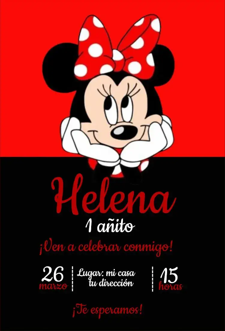Invitación Minnie Roja 1 – tema Cumpleaños rojo, negro, infantil, divertido, temático, colorido