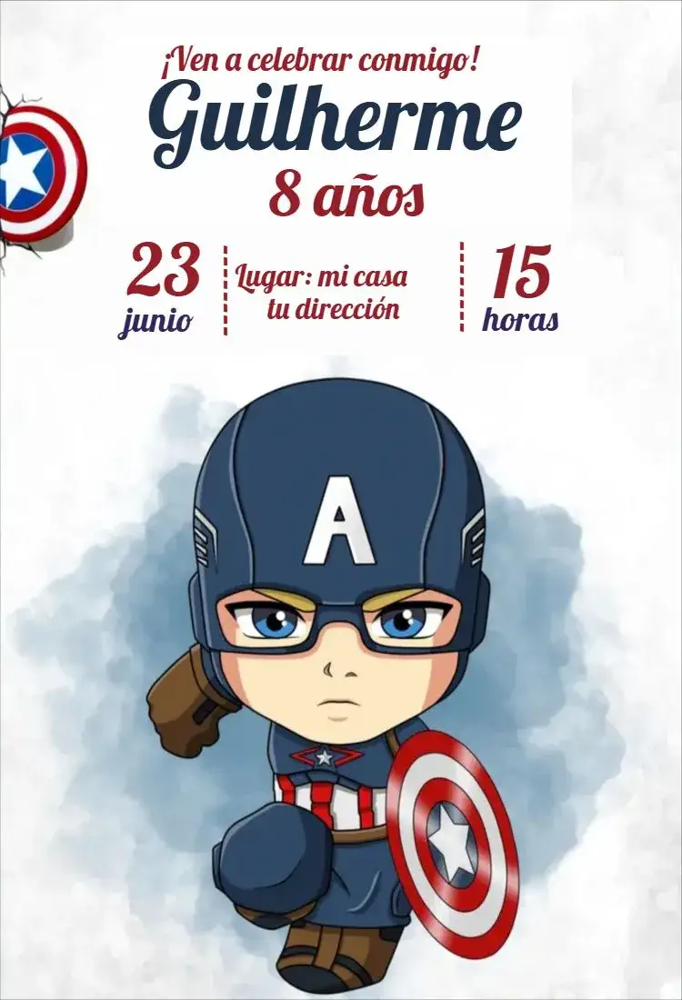 Invitación Capitán América Acuarela Bebé – tema Cumpleaños Infantil acuarela, superhéroes, colores suaves, lúdico, divertido, infantil