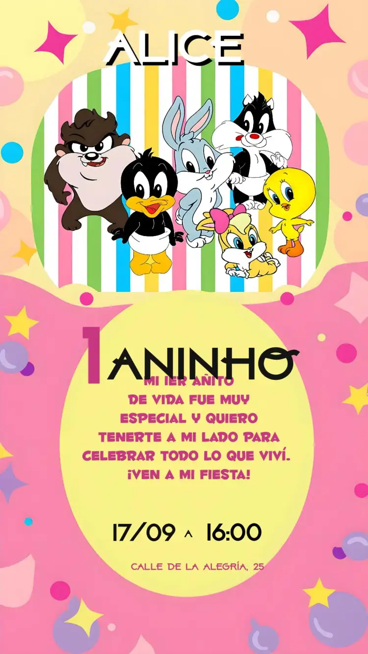 Invitación Looney Tunes Baby Verde – tema Fechas Conmemorativas colorido, divertido, infantil, temático, vibrante