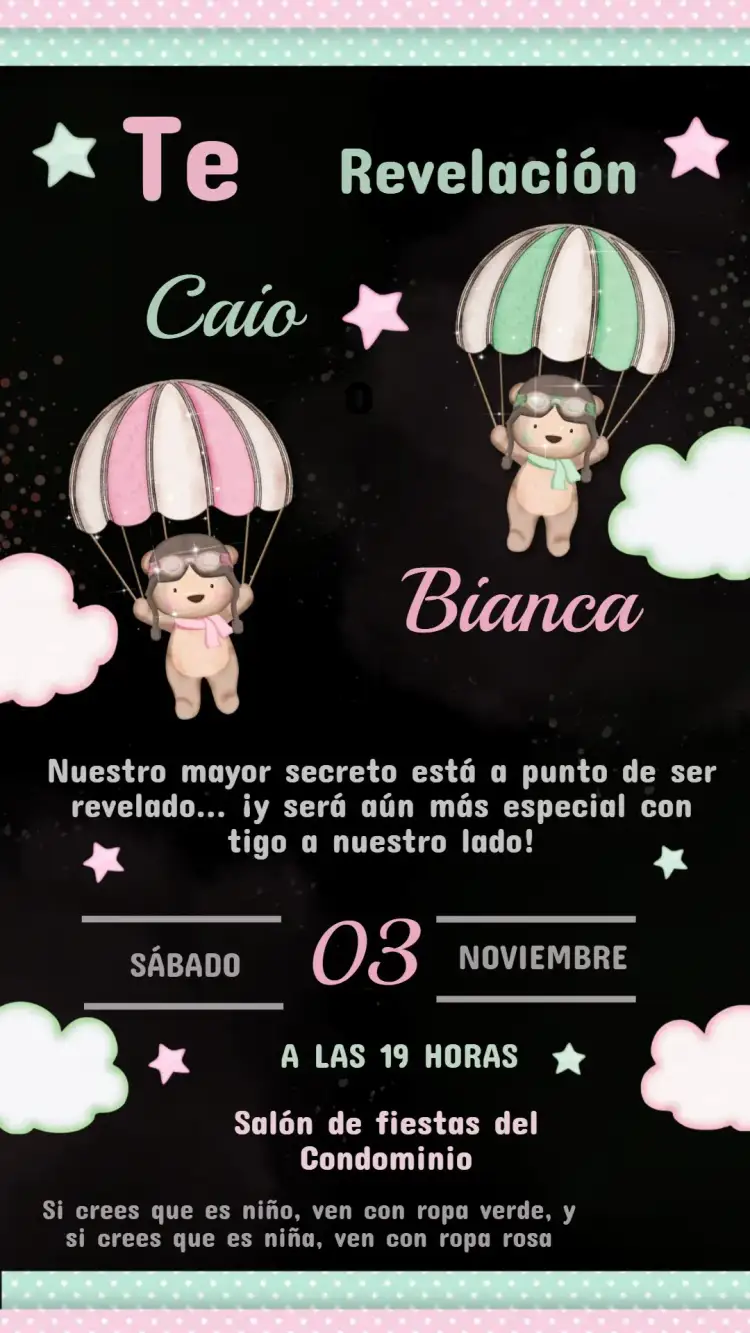 Invitación Baby Shower Verde y Rosa – tema Revelación Bebé verde claro, rosa pálido, floral, moderno, minimalista