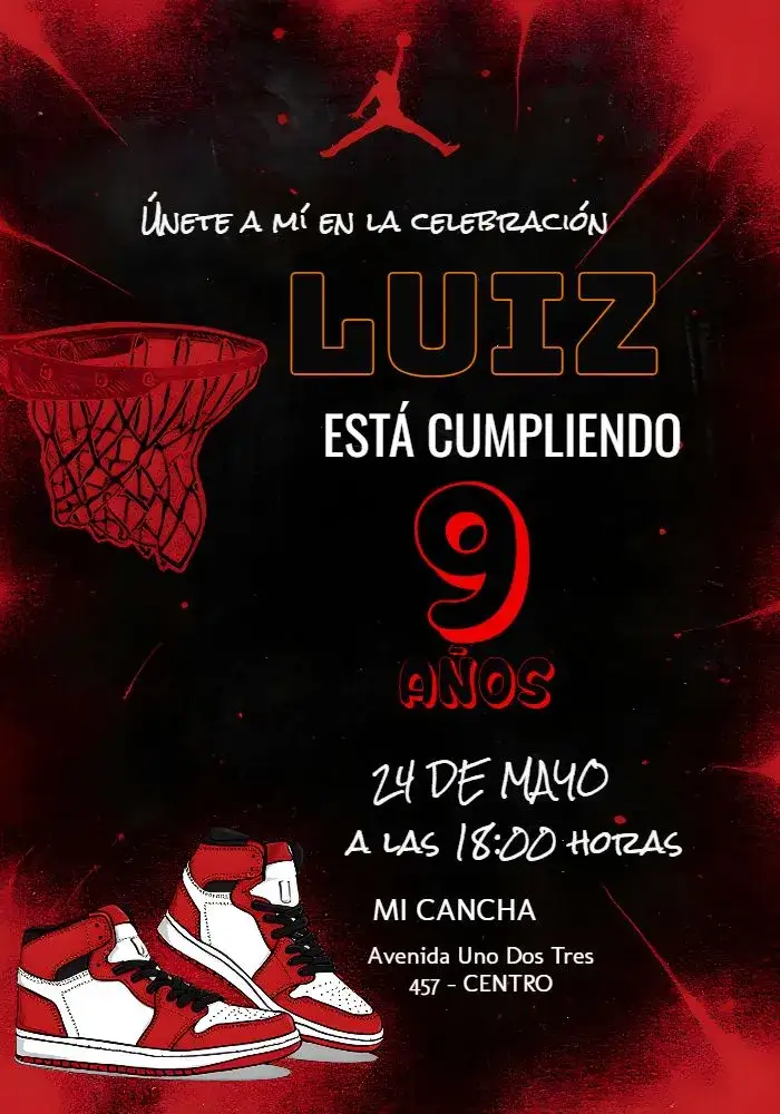 Invitación Baloncesto Air Jordan Deporte – tema Más buscados rojo y negro, deportivo, moderno, dinámico, joven