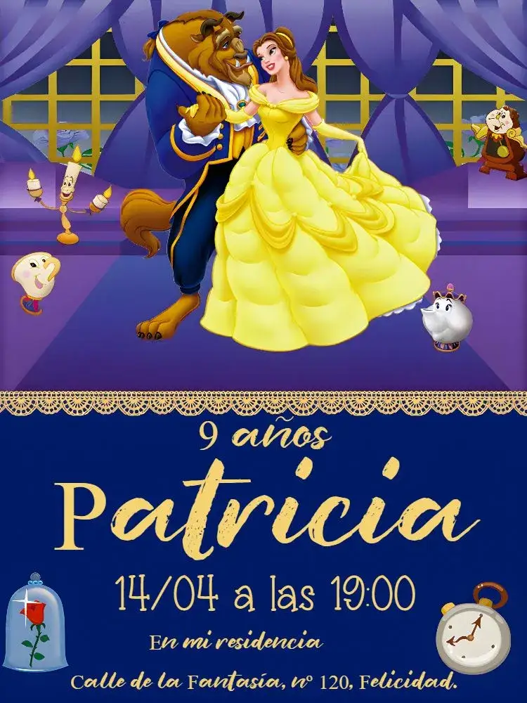 Invitación La Bella y la Bestia Dorado – tema Bautismo dorado, cuentos de hadas, infantil, lujoso, elegante, romántico