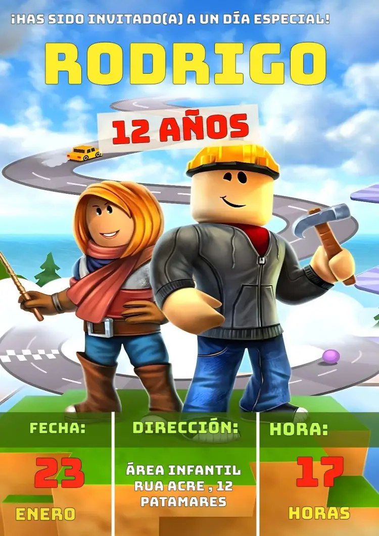 Invitación Gamer Roblox Femenino editable y personalizable