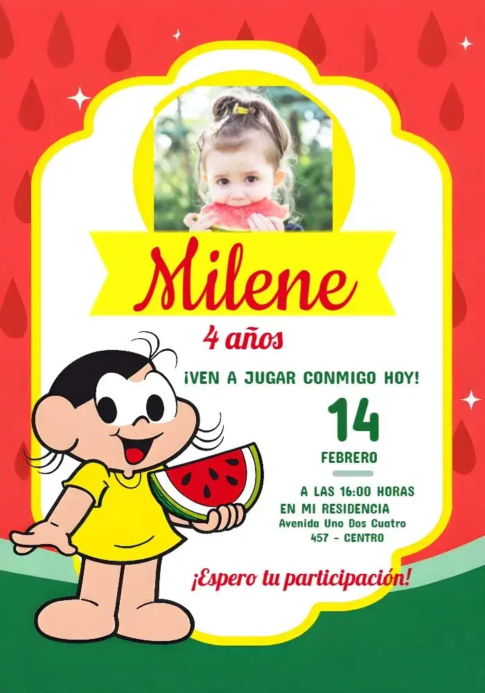 Invitación Magali Turma De Mónica Con Foto Rosa editable y personalizable