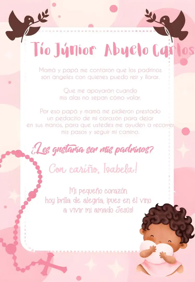 Invitación Padrinos De Bautizo Niña – tema Primera Comunión verde, angelical, delicado, moderno, floral
