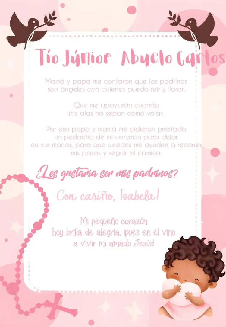 Invitación Padrinos De Bautizo Niña