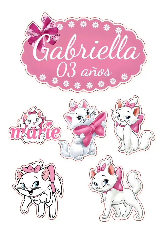 Invitación Topo De Pastel Marie Gatinha – tema Topper de torta rosa, infantil, divertido, encantador, moderno