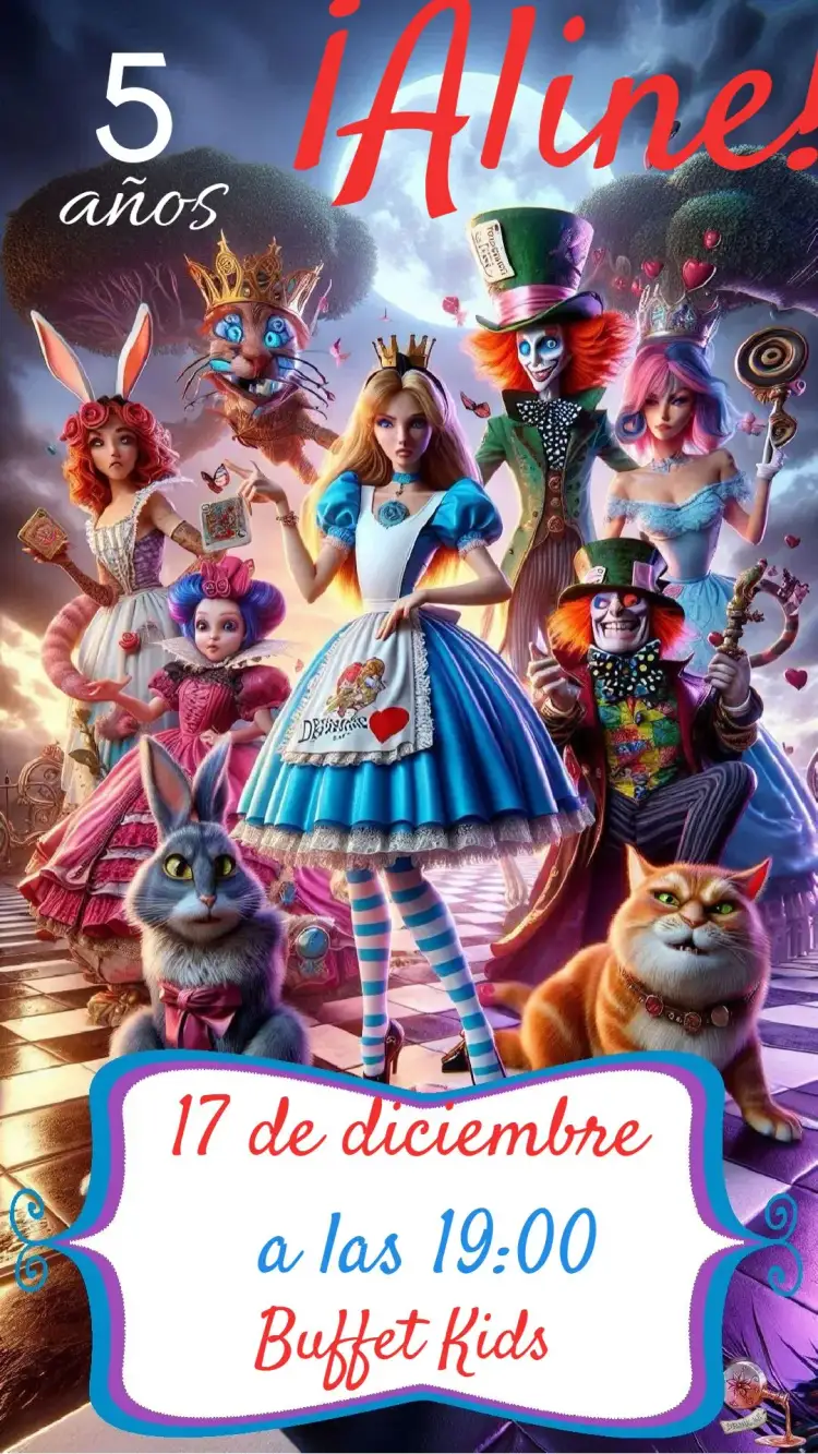 Invitación Alicia en el país de las Maravillas – tema Cumpleaños colorido, fantástico, lúdico, ilustraciones de cuento de hadas, vintage, estilo de dibujo animado