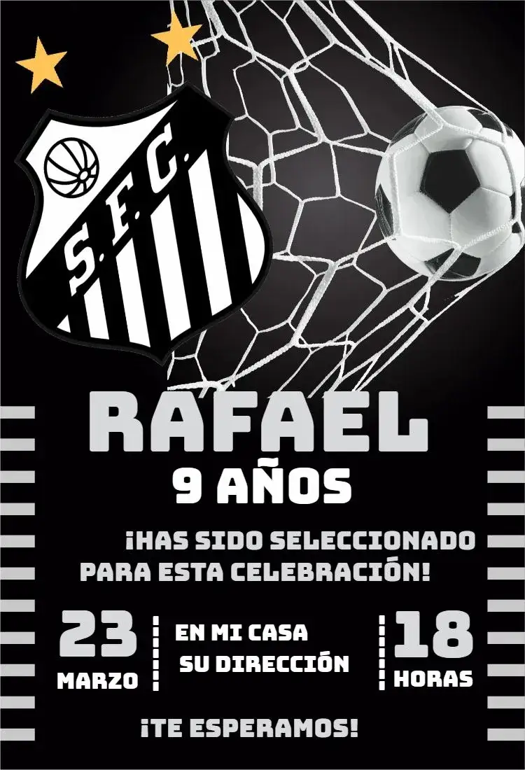 Invitación Santos 3 – tema Cumpleaños fútbol, moderno, colorido, deportivo, juvenil