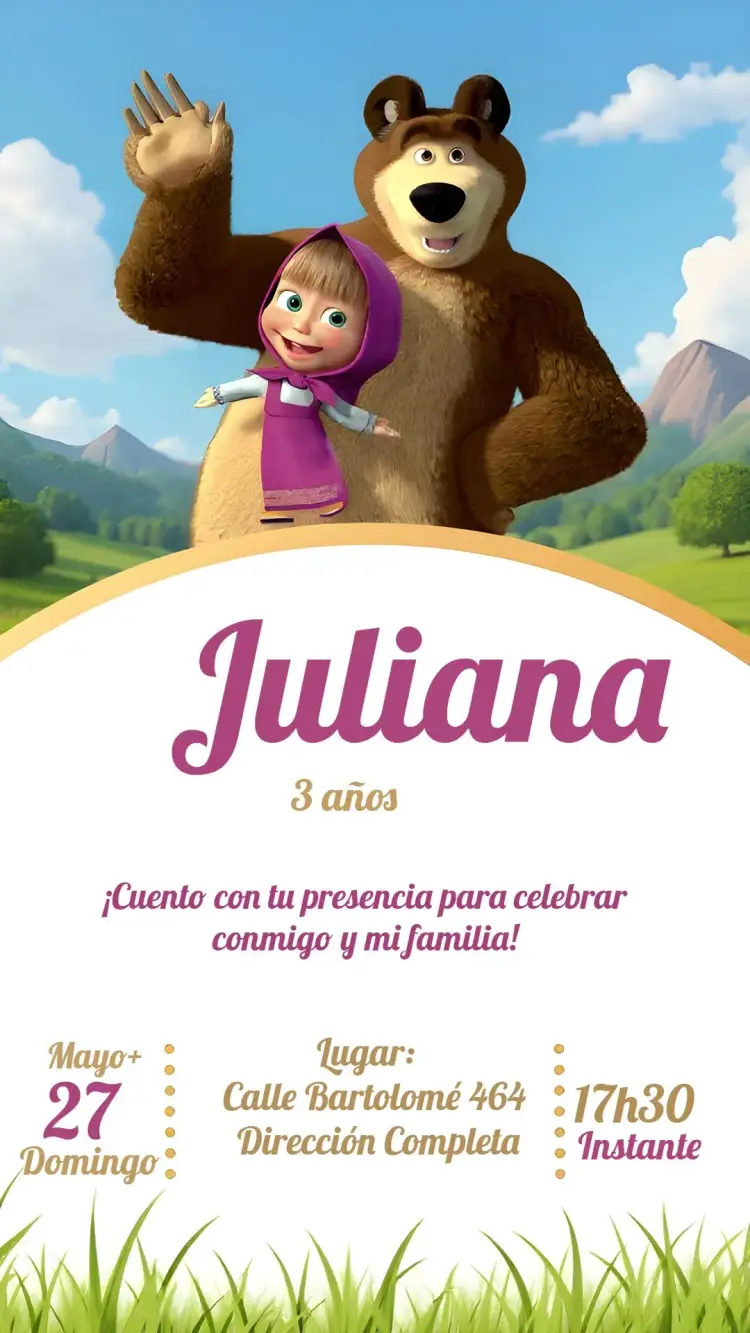 Invitación Masha Y El Oso editable y personalizable