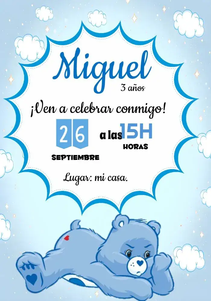 Invitación Os Ositos Cariñosos Enfadadito Nube – tema Cumpleaños Infantil azul claro, blanco, lúdico, infantil, nubes, osos de peluche