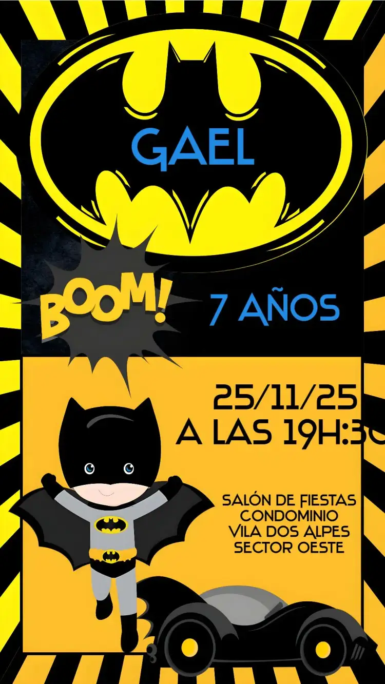 Invitación Batman Baby Cute – tema Cumpleaños Infantil azul, amarillo, superhéroe, divertido, colorido, bebé