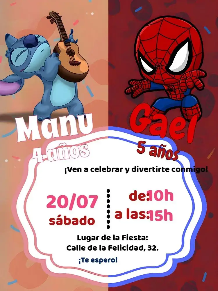 Invitación Tema de Duplo Stitch y Hombre Araña – tema Más buscados colorido, divertido, infantil, moderno, temático