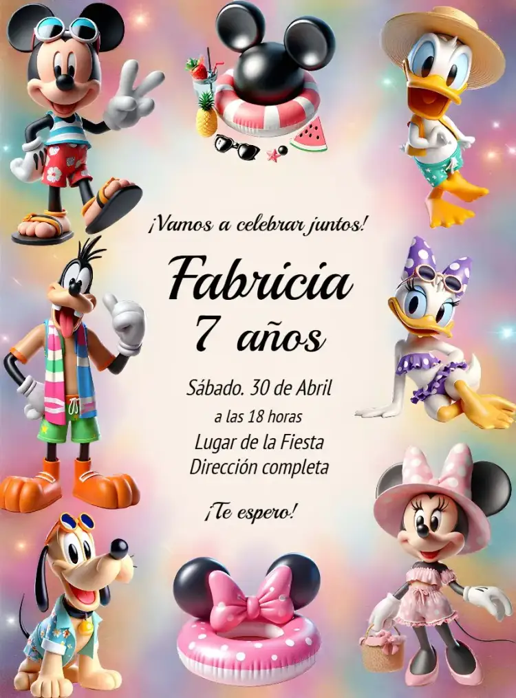 Invitación Turma De La Fiesta En La Piscina De Mickey Minnie – tema Cumpleaños Infantil colorido, divertido, temático, vibrante, playero, animado