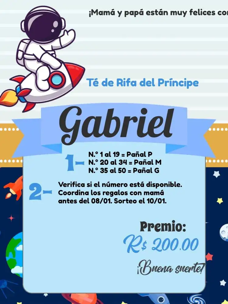 Invitación Té Rifa Astronauta / – tema Más buscados espacio, astronauta, moderno, lúdico, azul y gris, galaxia