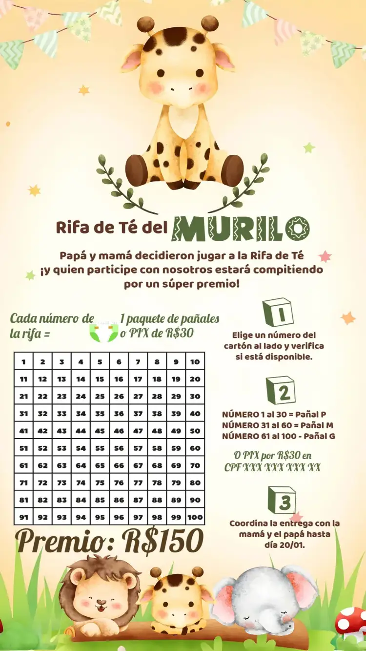 Invitación Té Rifa Jirafita Safari – tema Té Rifa safari, animales, colores vibrantes, moderno, divertido
