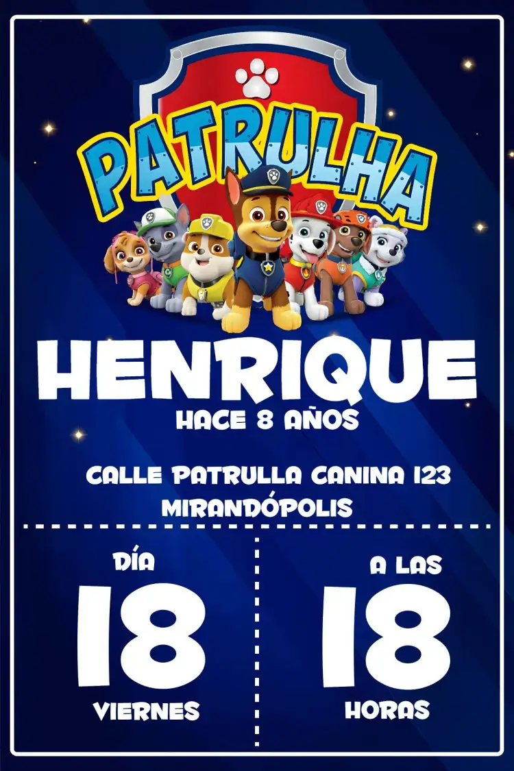 Invitación Patrulla Canina Patrol – tema Cumpleaños Infantil temática infantil, colores vibrantes, elementos gráficos de dibujo, moderno, divertido, colorido