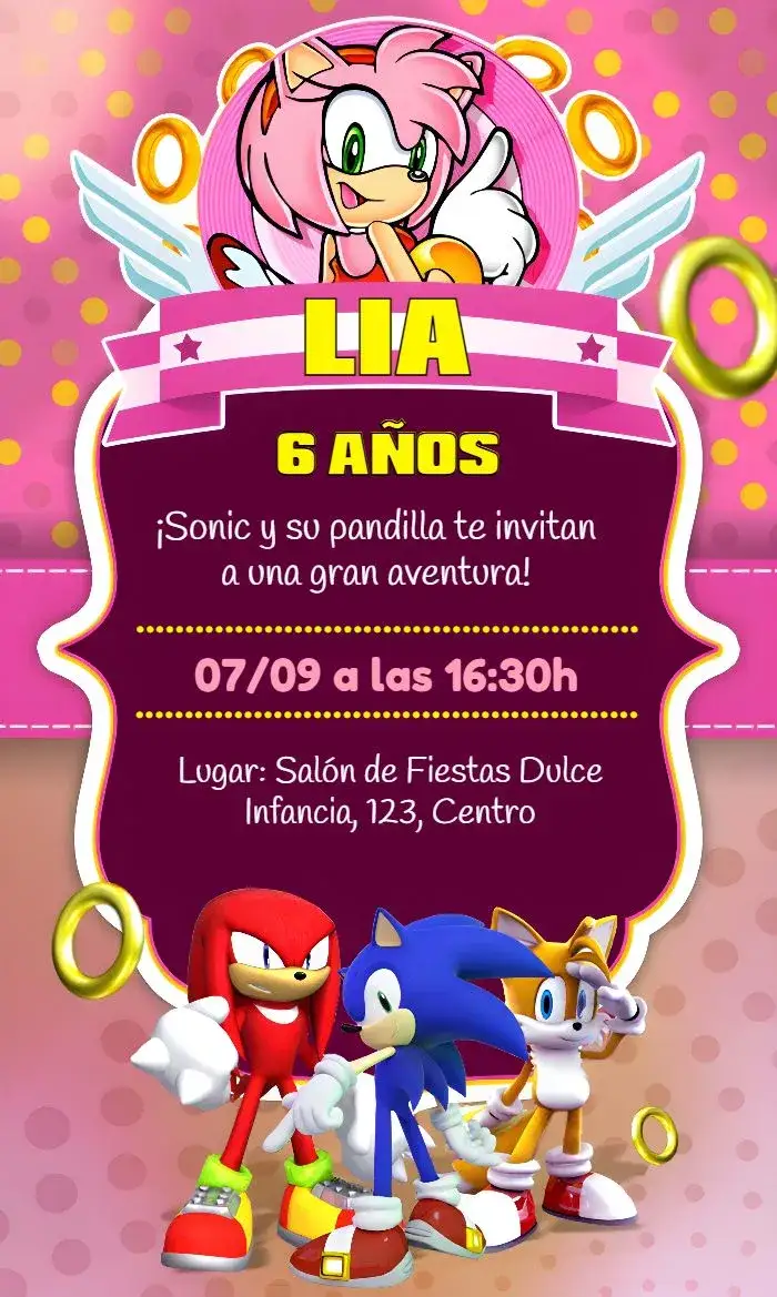 Invitación Sonic Amy Rose Rosa – tema Más buscados colores vibrantes, estilo divertido, elementos gráficos de Sonic, diseño moderno, tema rosa y amarillo