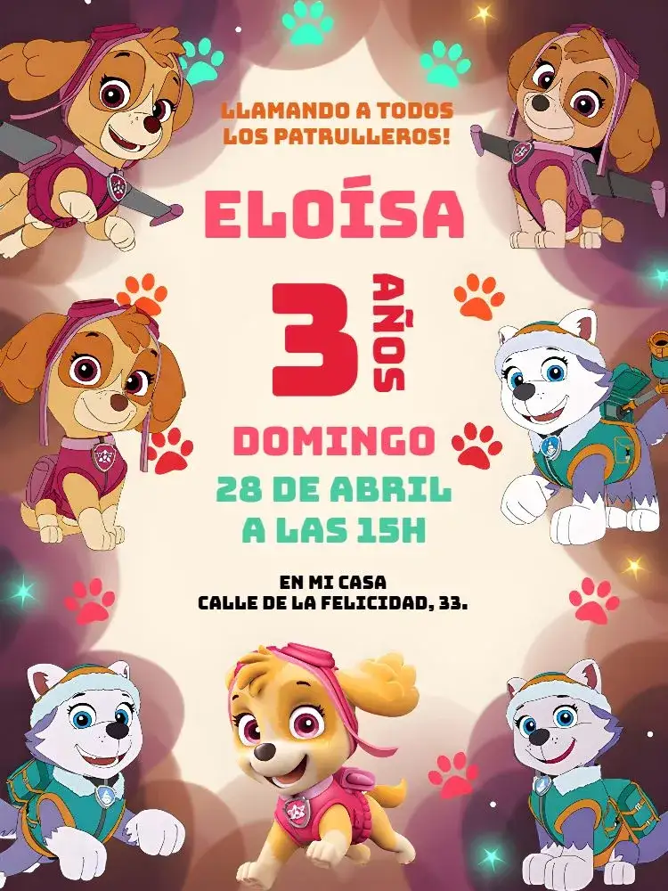 Invitación Patrulla Canina Chase – tema Cumpleaños Infantil colorido, divertido, infantil, ilustraciones de animales, temática de aventura