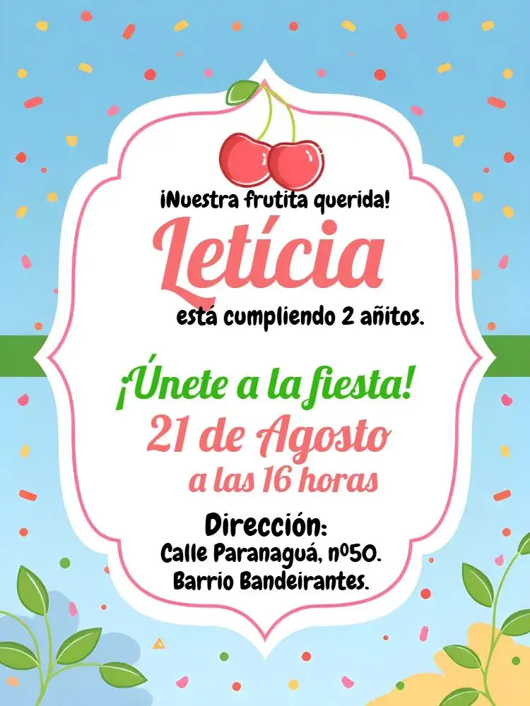 Invitación Cereza Verde – tema Más buscados frutal, colorido, divertido, infantil, moderno