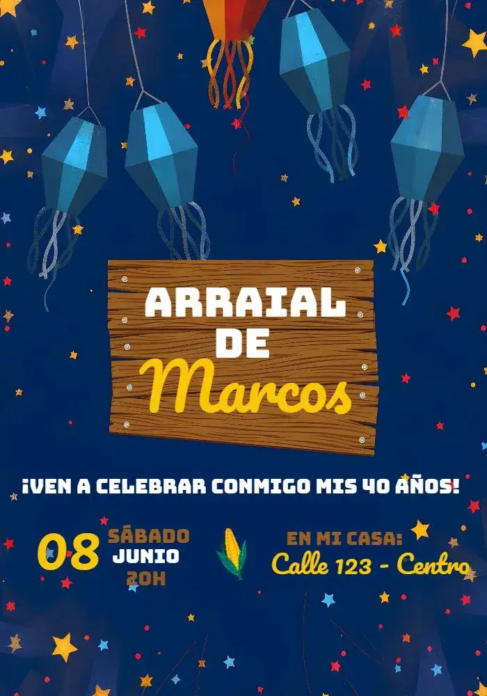 Invitación Arraial Festa Junina Bandeirolas – tema Fechas Conmemorativas rústico, colorido, festivo, vintage, moderno