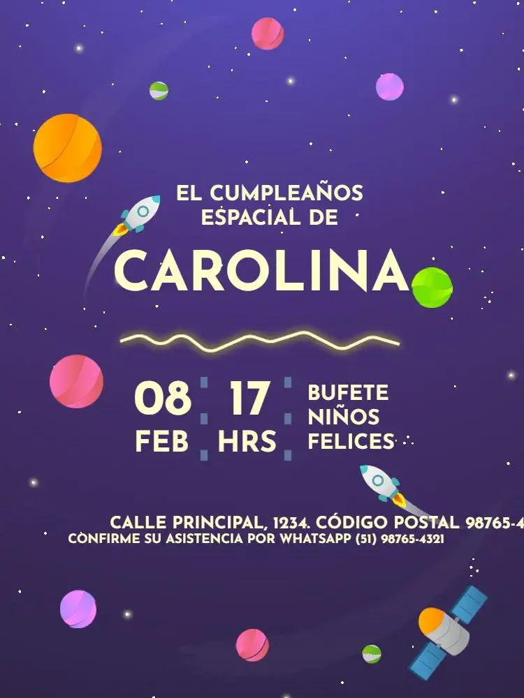 Invitación Infantil Espacio Morado Cohete