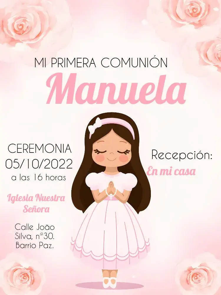 Invitación Primera Comunión Barismo – tema Primera Comunión rosa y blanco, delicado, moderno, minimalista, vintage