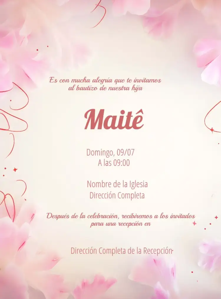 Invitación Bautizo Niña Rosa Rosas – tema Bautismo floral, delicado, moderno, pastel, romántico, infantil