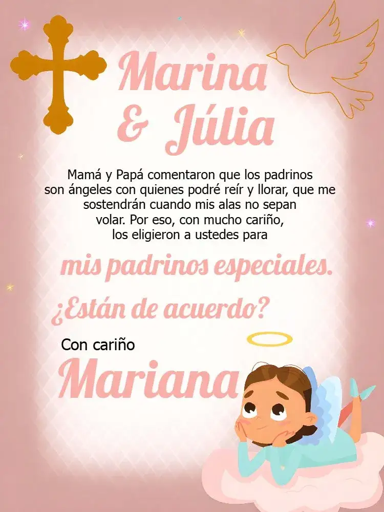 Invitación Padrinos De Bautismo Rosa – tema Bautismo rosa, blanco, angelitos, religioso, delicado, femenino