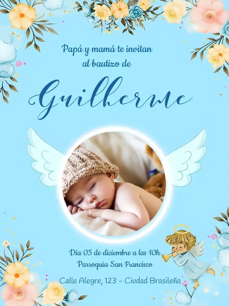 Invitación Bautizo Angelito Con Foto Azul – tema Bautismo azul, blanco, dorado, infantil, ángeles