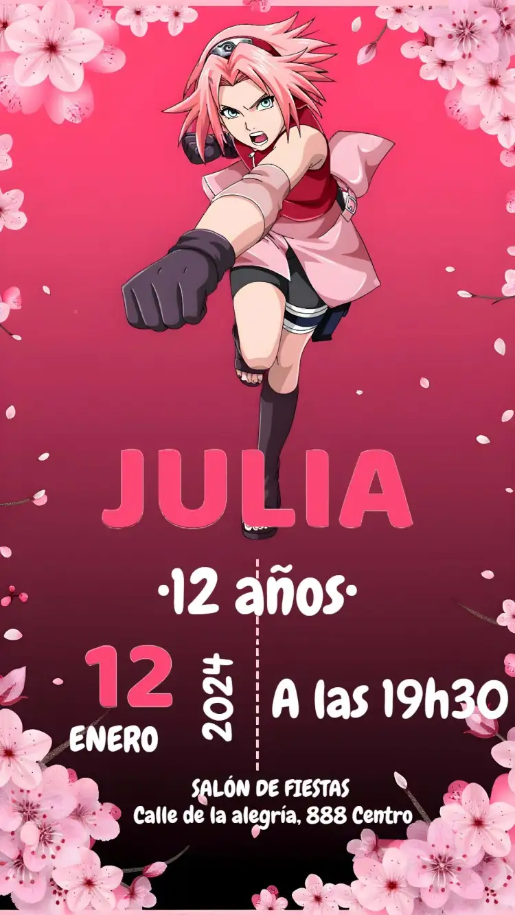 Invitación Sakura Haruno Naruto Anime – tema Cumpleaños Infantil anime, rosa, floral, moderno, colorido