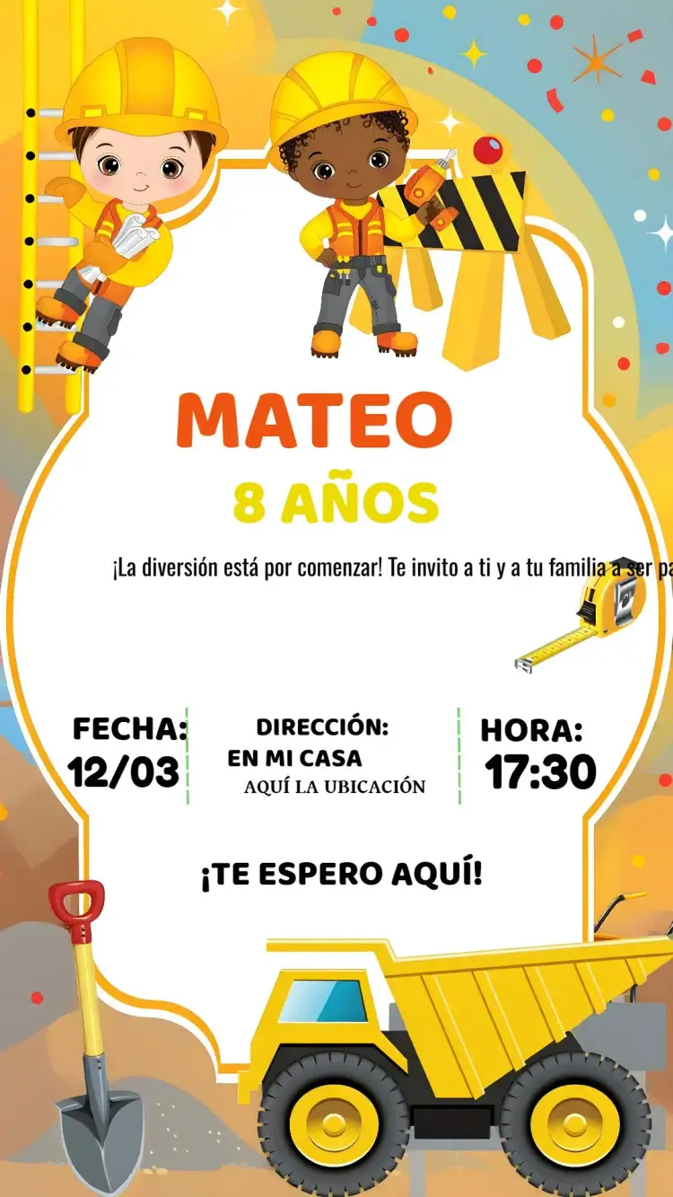 Invitación Construcción Volquete – tema Té Rifa colores vibrantes, elementos gráficos de construcción, estilo infantil, tema de obras, diseño divertido, ilustraciones de vehículos