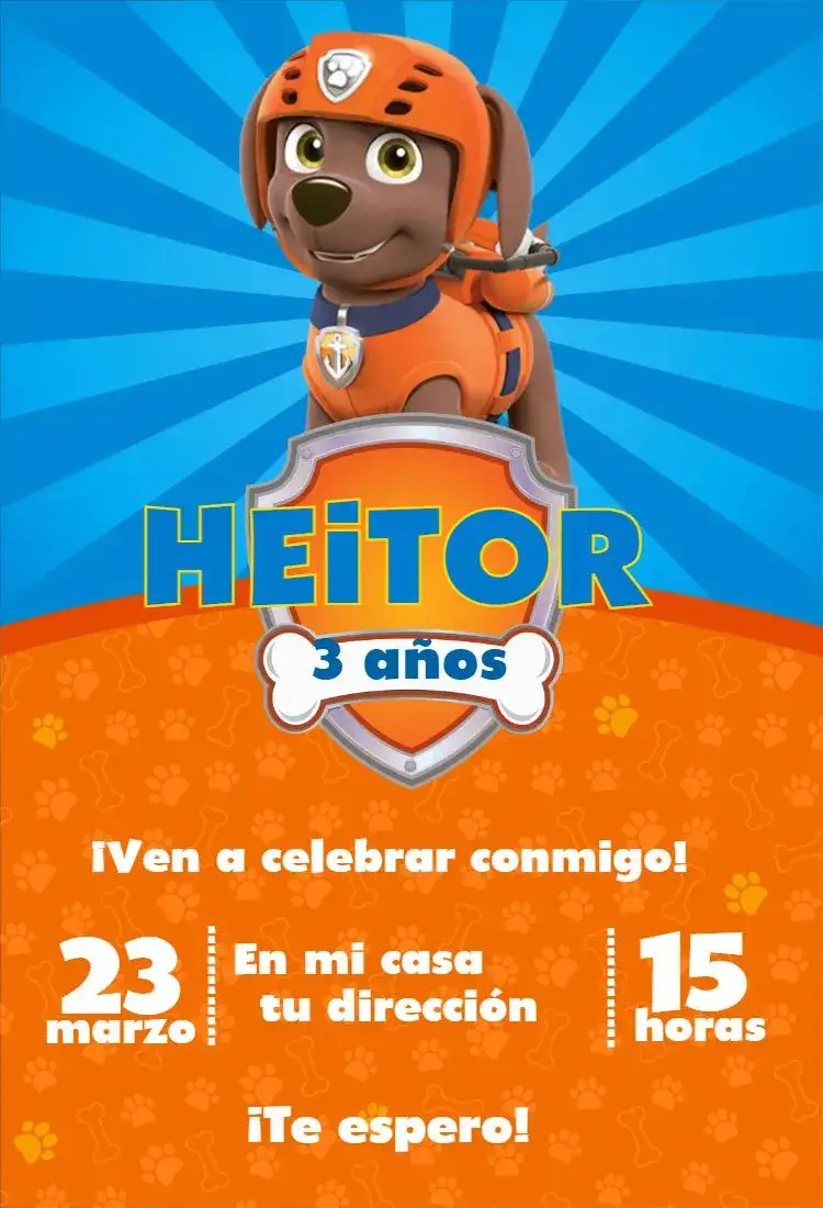 Invitación Patrulla canina 11 – tema Cumpleaños colores vibrantes, temática infantil, elementos gráficos de la Patrulla Canina, divertido, colorido, ilustraciones animadas