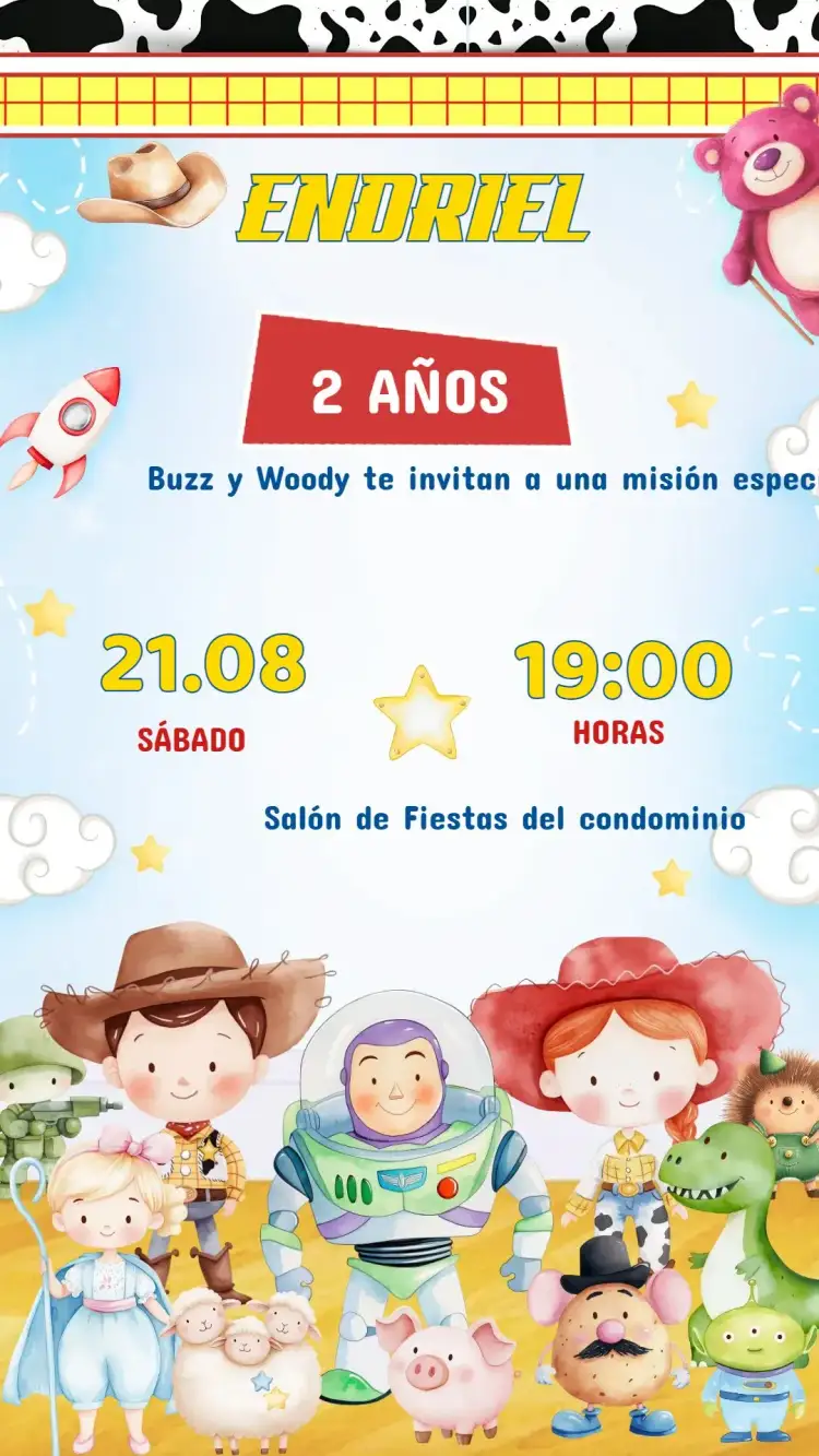 Invitación Invitación Cumpleaños Toy Story – tema Cumpleaños Infantil colorido, divertido, temático, infantil, brinquedos, aventura