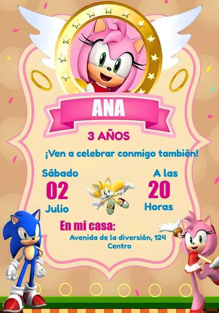 Invitación Amy Rose Sonic Juegos