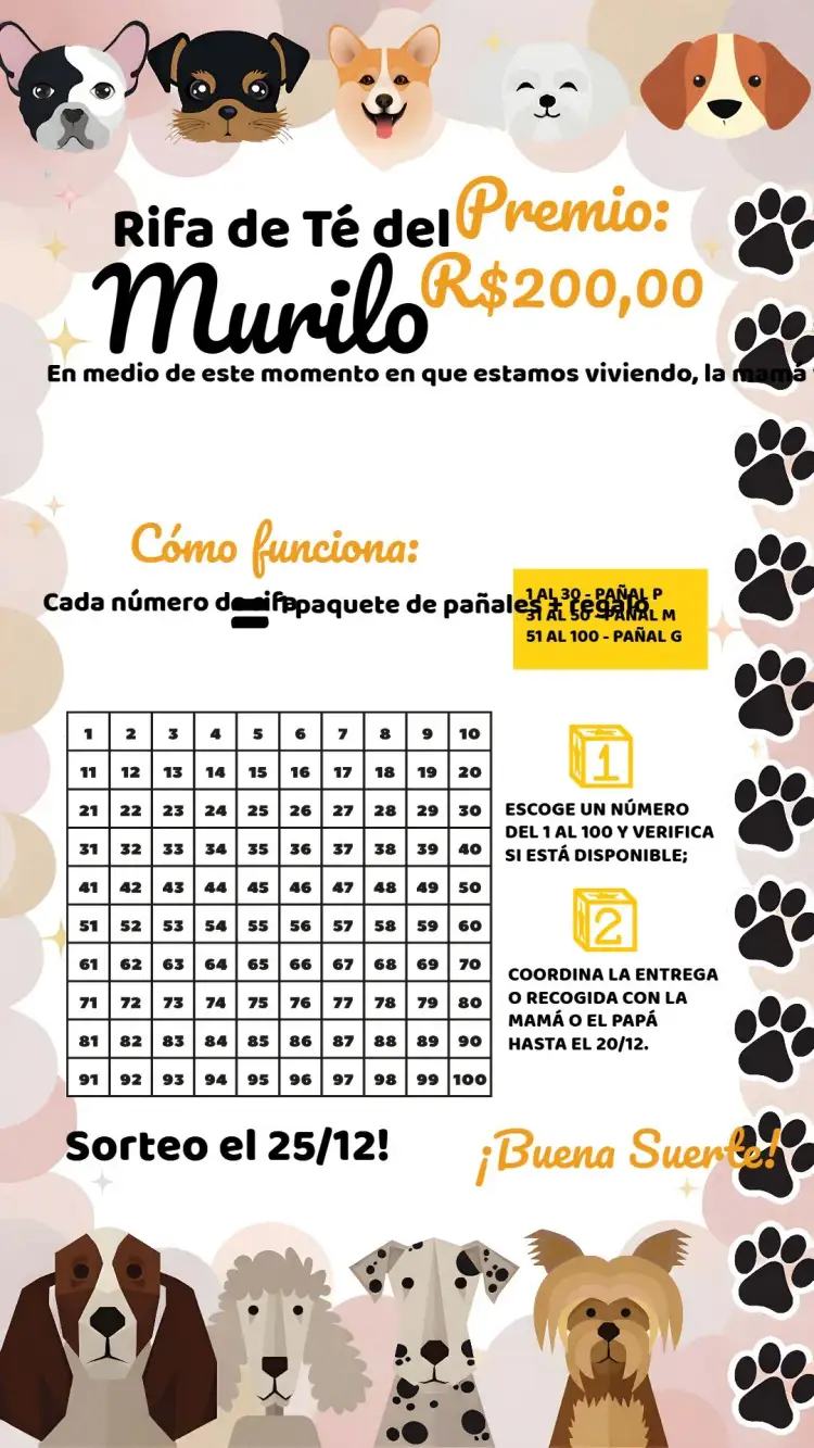 Invitación Té Rifa Perritos Cartilla – tema Té Rifa moderno, divertido, colorido, animal, minimalista