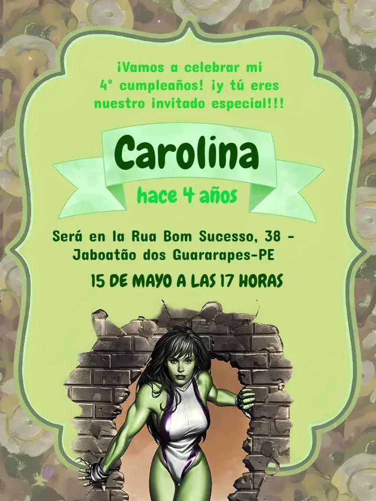 Invitación She Hulk Do – tema Cumpleaños Infantil colorido, superhéroes, divertido, moderno, infantil, animado
