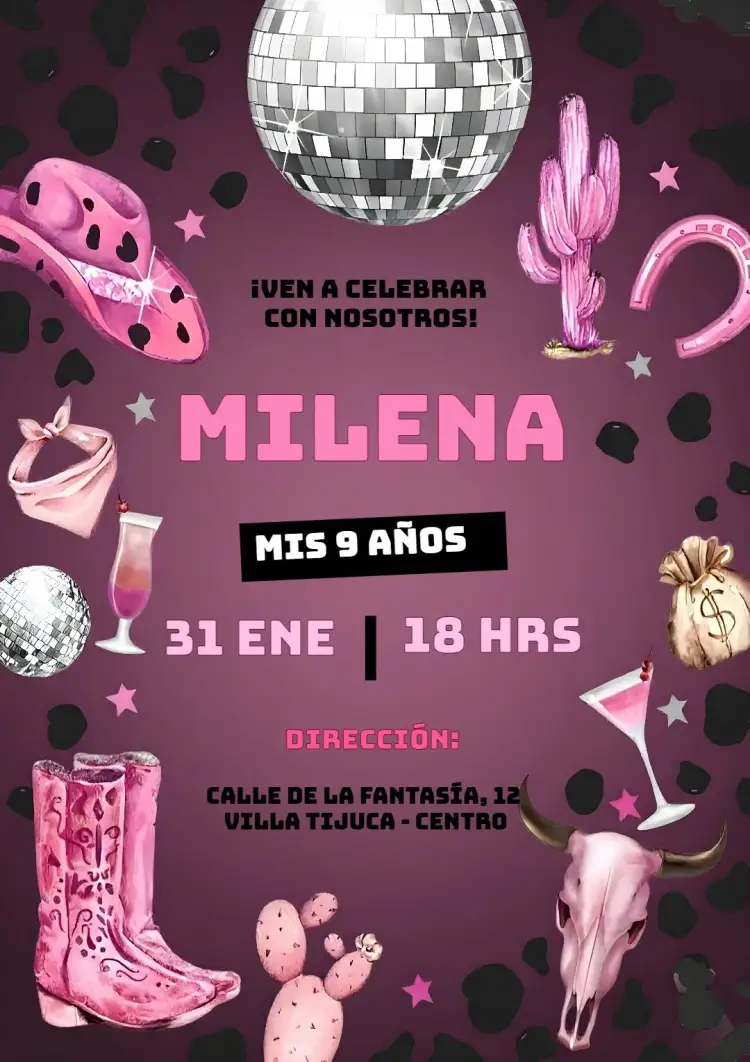 Invitación Ana Castela Boiadeira – tema Cumpleaños Infantil rústico, temático, colorido, campestre, lúdico