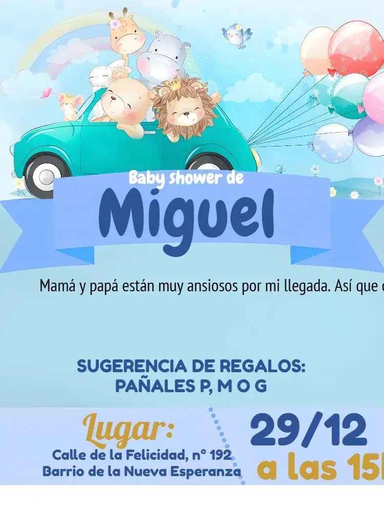 Invitación Baby Shower Safari Hippo – tema Baby Shower safari, animales, azul, dorado, blanco, divertido