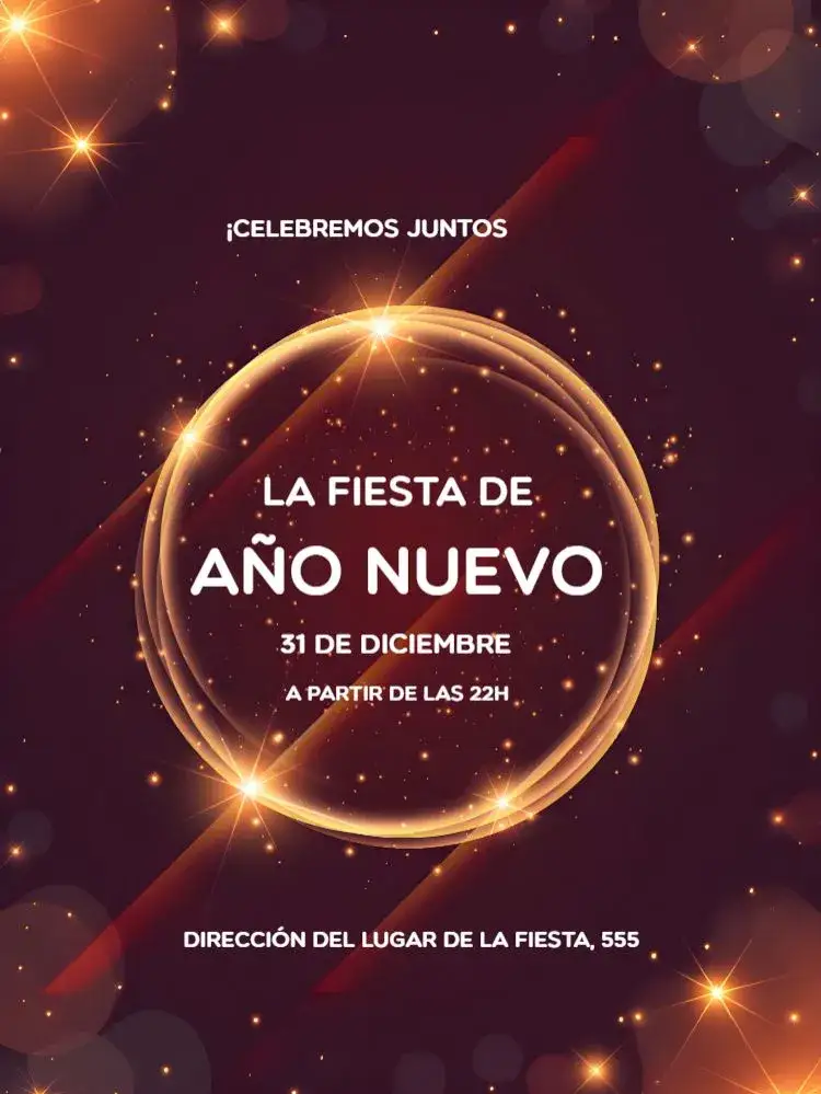 Invitación Celebración de Año Nuevo – tema Fechas Conmemorativas dorado, sofisticado, moderno, festivo, vibrante, elegante