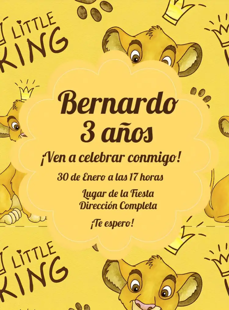 Invitación Rey León – tema Cumpleaños Infantil cachorro de león, realeza, animales