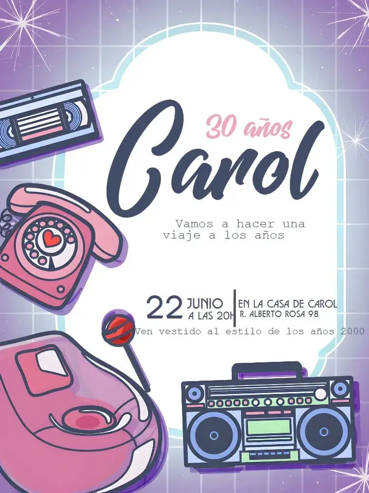Invitación Dulce Vintage de los 2000 – tema 15 años vintage, colorido, nostálgico, femenino, divertido