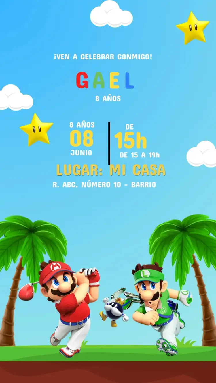 Invitación Invitación Cumpleaños Super Mario – tema Cumpleaños Infantil colorido, juegos, diversión, aventura, infantil