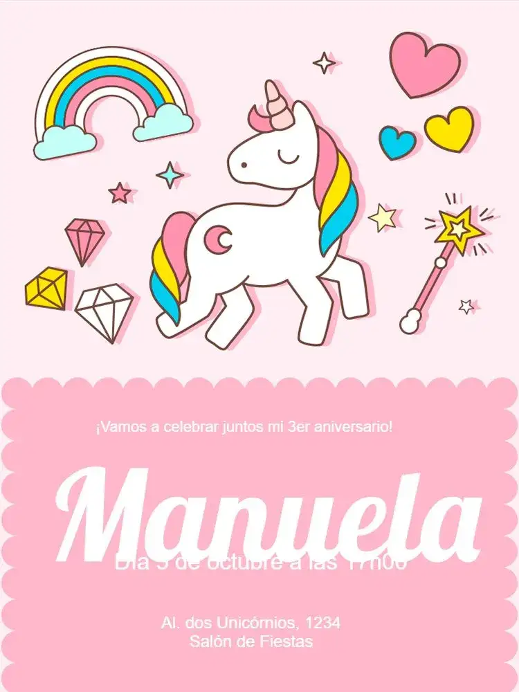 Invitación Celebración – tema Cumpleaños Infantil rosa, unicornio, fantasía, mágico, colorido, lúdico