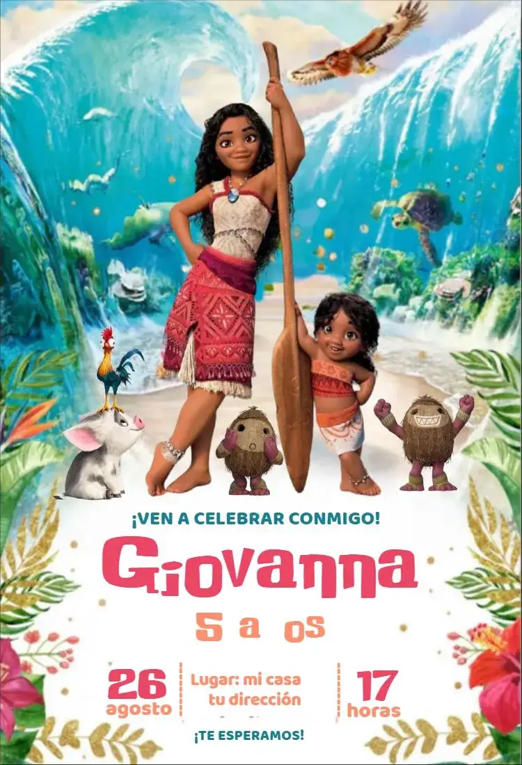 Invitación Moana y hermana – tema Cumpleaños Infantil costero, marino, tropical